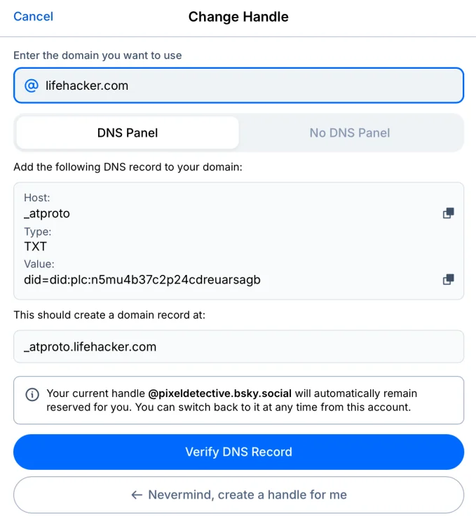 Change handle to domain in Bluesky.