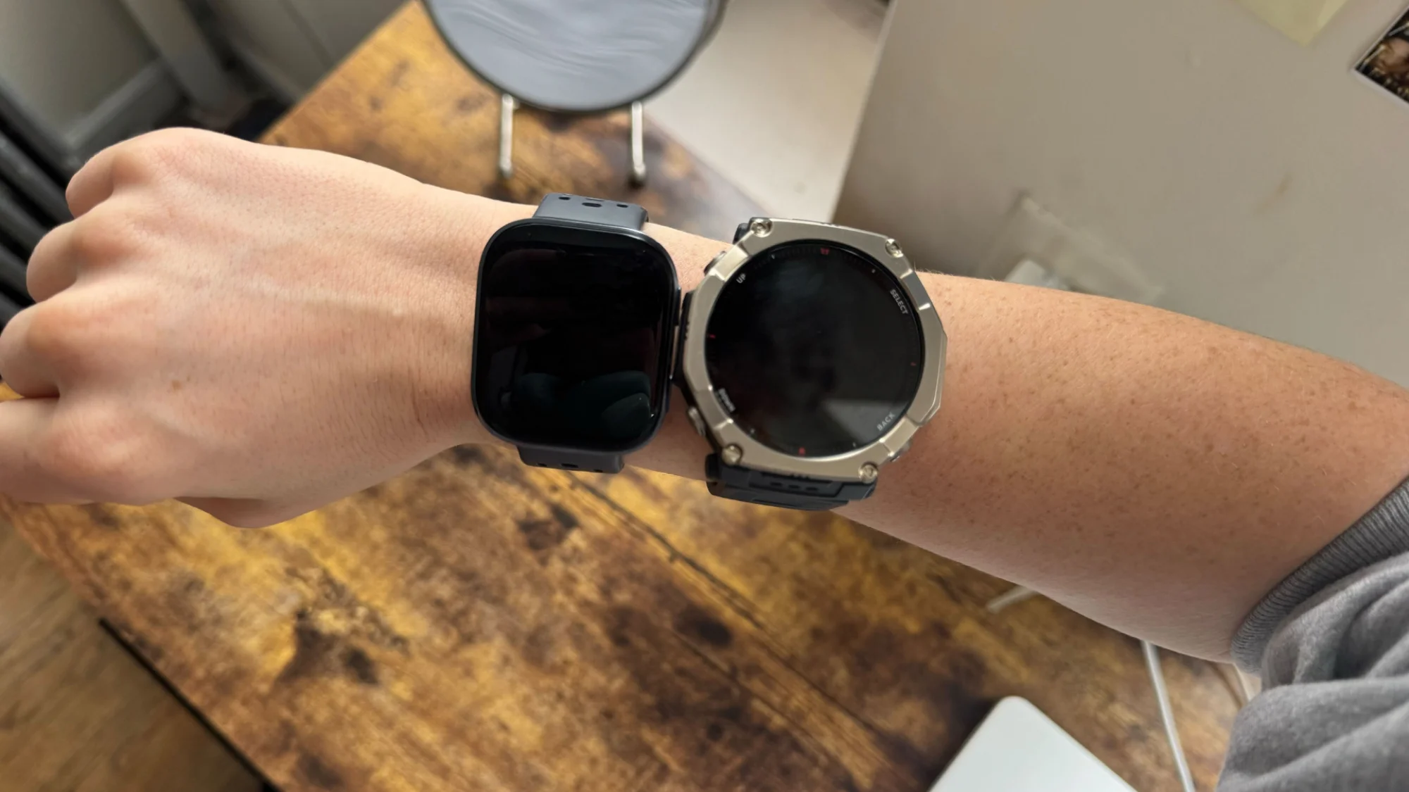 Compare the Amazfit on the left to the T-Rex Ultra 2 on the right.