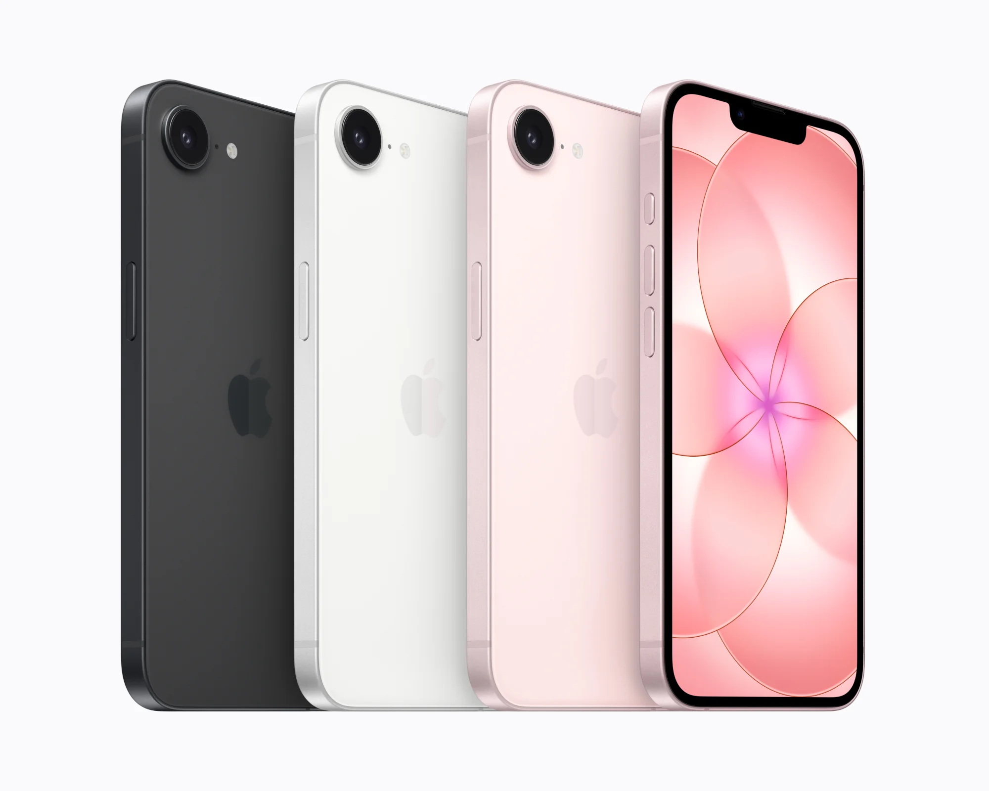 iphone 17e in black, white, pink, and from the front