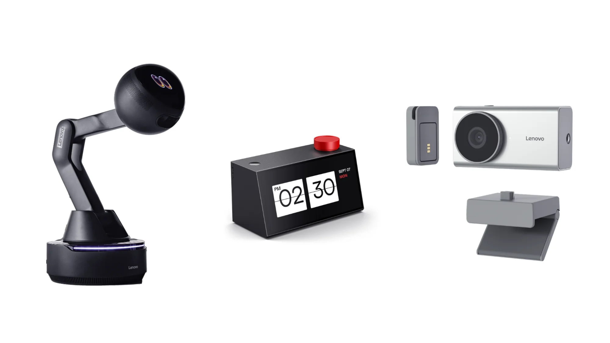 Lenovo AI Workmate (left), Lenovo AI Work Companion (center), Yoga Wireless Webcam (right)