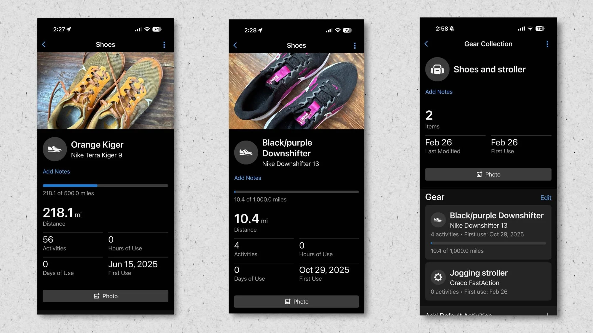Screenshots of two different shoe entries, and a collection containing shoes and a jogging stroller