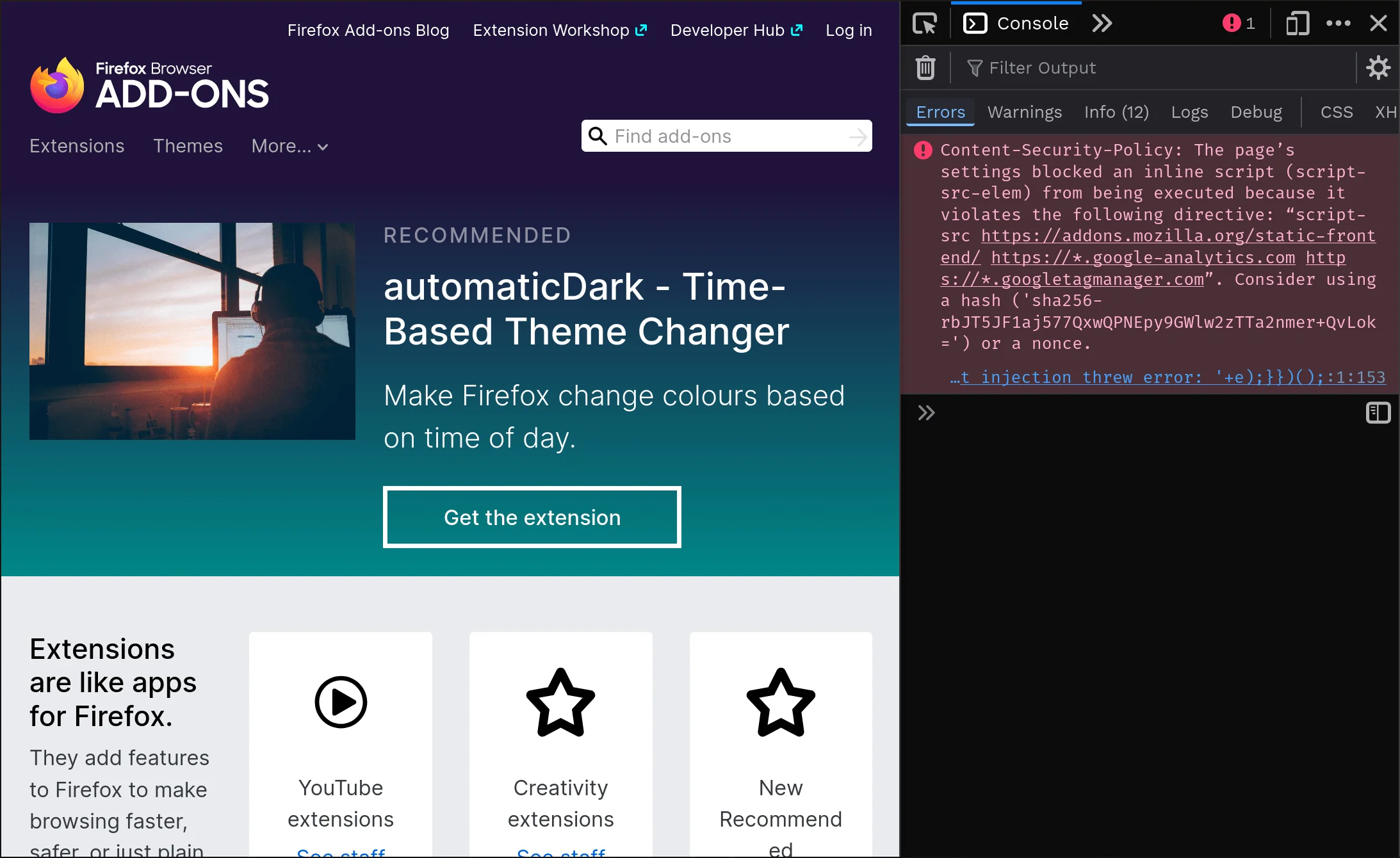 Firefox blocking a bookmarklet from running due to inline scripts being disallowed.